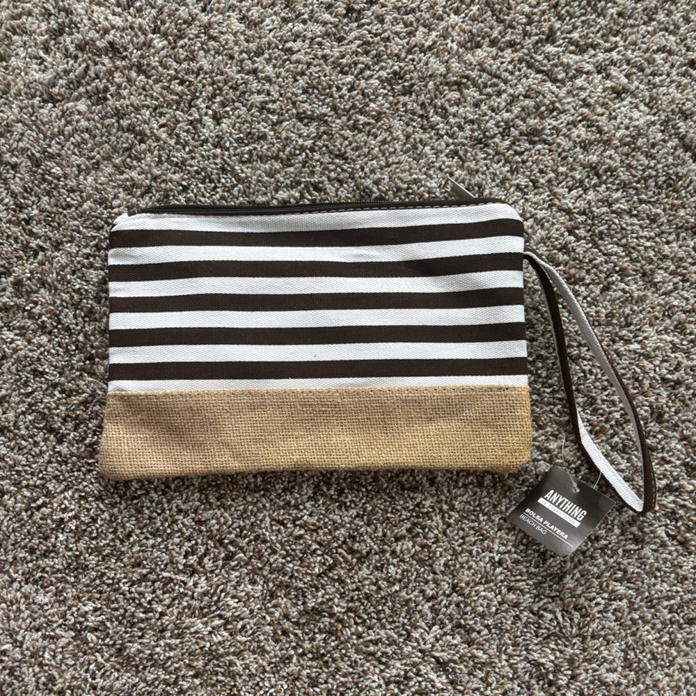 Amazon Black & White Striped Wristlet with Tan Trim